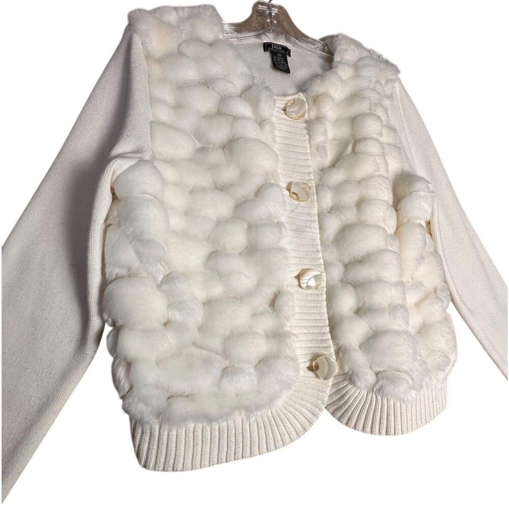 Lisa International Faux Fur Bubble Cardigan Sweater Ivory Cream Small